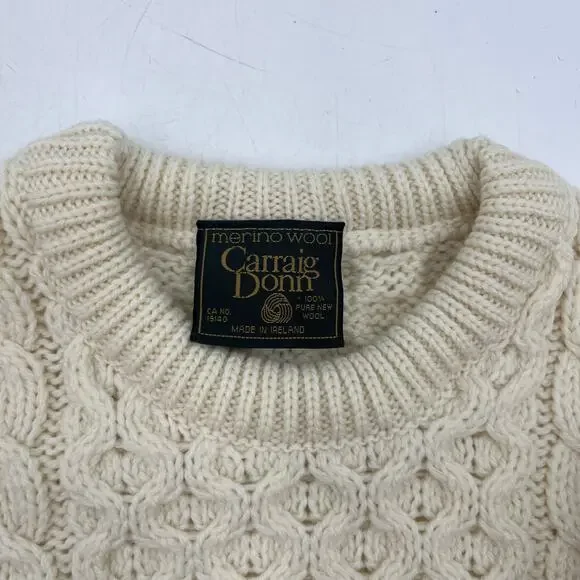 Carraig Donn Merino Wool Ivory Cable Knit Pullover Sweater Fisherman Unisex